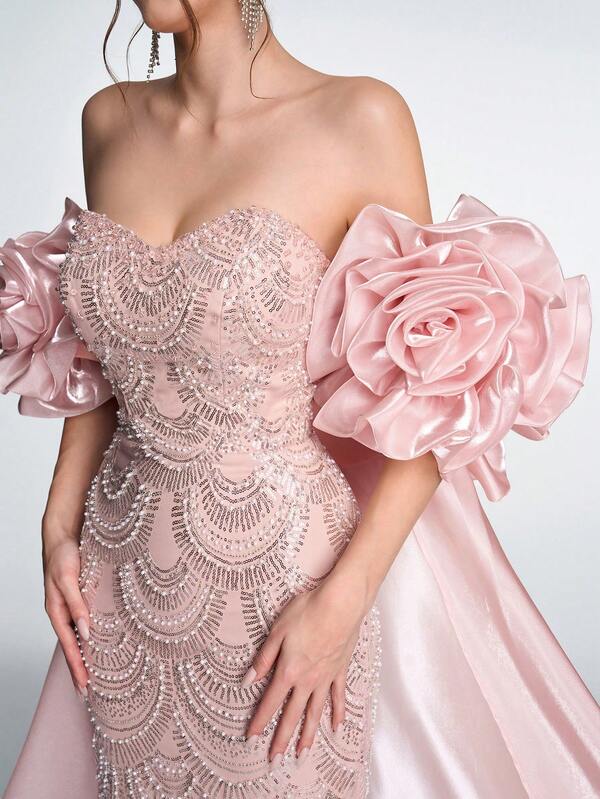 SDE3233 Anymoon Luxury Matte Satin Mermaid Gown – Rhinestone Beaded 3D Rose Puff Sleeve Formal Evening Dress UK