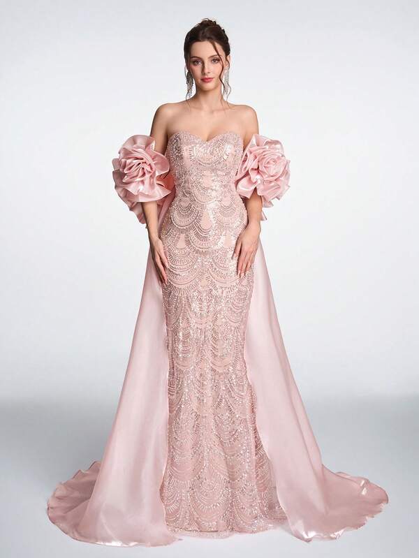 SDE3233 Anymoon Luxury Matte Satin Mermaid Gown – Rhinestone Beaded 3D Rose Puff Sleeve Formal Evening Dress UK
