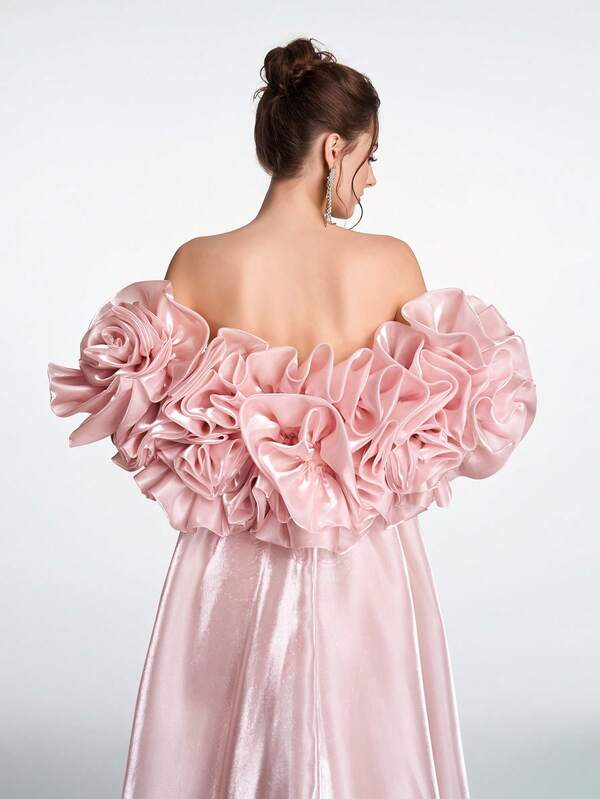 SDE3233 Anymoon Luxury Matte Satin Mermaid Gown – Rhinestone Beaded 3D Rose Puff Sleeve Formal Evening Dress UK