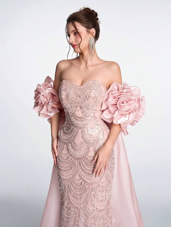 SDE3233 Anymoon Luxury Matte Satin Mermaid Gown – Rhinestone Beaded 3D Rose Puff Sleeve Formal Evening Dress UK