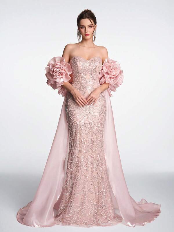 SDE3233 Anymoon Luxury Matte Satin Mermaid Gown – Rhinestone Beaded 3D Rose Puff Sleeve Formal Evening Dress UK
