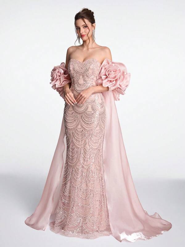 SDE3233 Anymoon Luxury Matte Satin Mermaid Gown – Rhinestone Beaded 3D Rose Puff Sleeve Formal Evening Dress UK