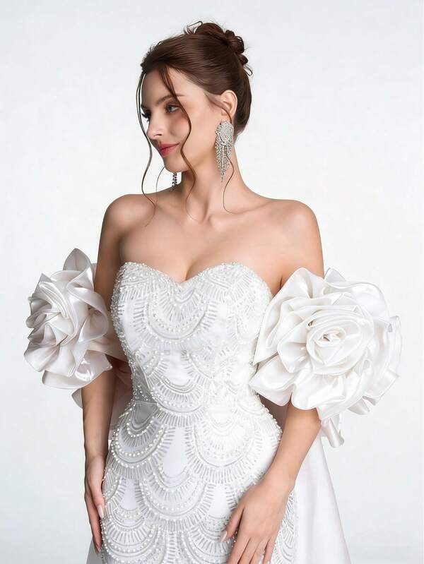 SDE3233 Anymoon Luxury Matte Satin Mermaid Gown – Rhinestone Beaded 3D Rose Puff Sleeve Formal Evening Dress UK