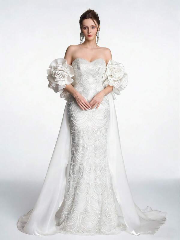 SDE3233 Anymoon Luxury Matte Satin Mermaid Gown – Rhinestone Beaded 3D Rose Puff Sleeve Formal Evening Dress UK