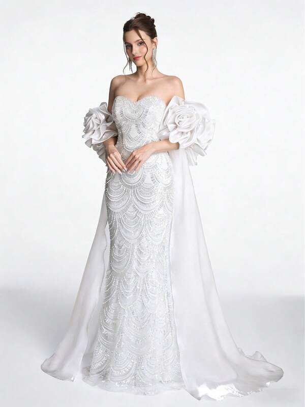 SDE3233 Anymoon Luxury Matte Satin Mermaid Gown – Rhinestone Beaded 3D Rose Puff Sleeve Formal Evening Dress UK