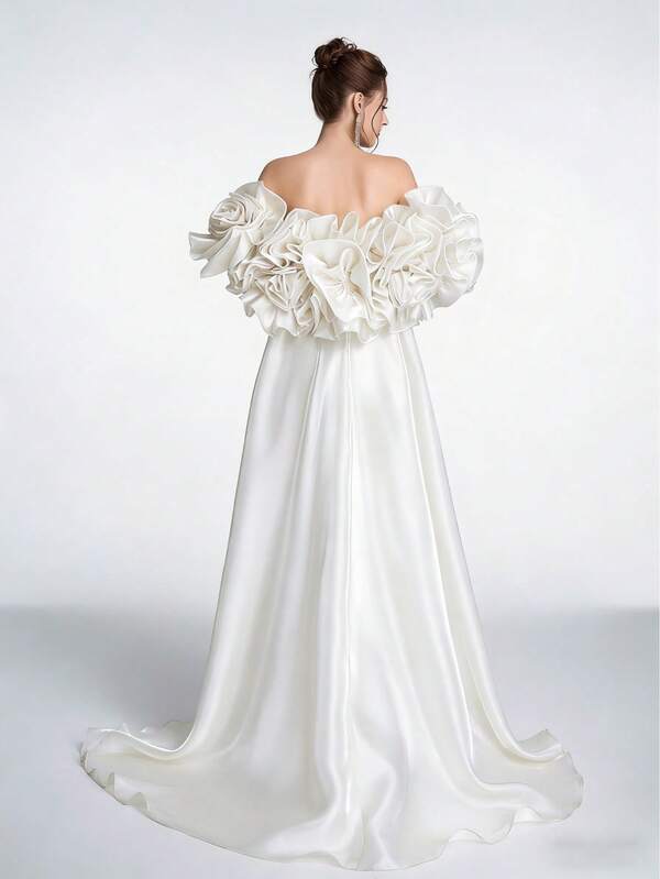 SDE3233 Anymoon Luxury Matte Satin Mermaid Gown – Rhinestone Beaded 3D Rose Puff Sleeve Formal Evening Dress UK