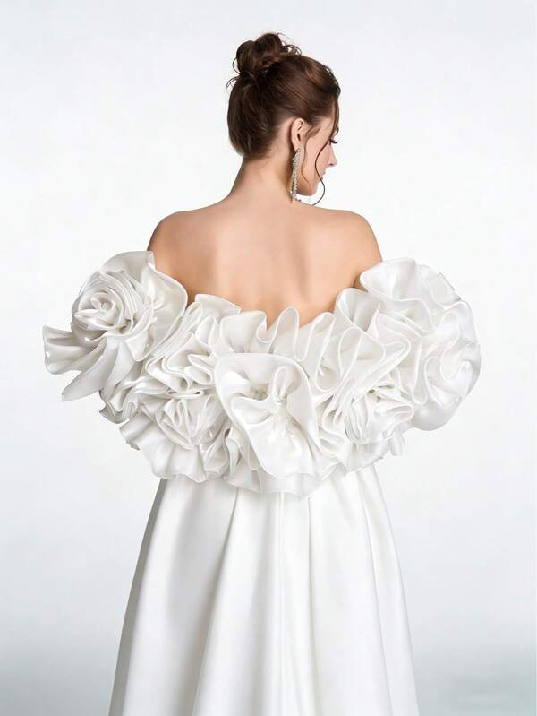 SDE3233 Anymoon Luxury Matte Satin Mermaid Gown – Rhinestone Beaded 3D Rose Puff Sleeve Formal Evening Dress UK