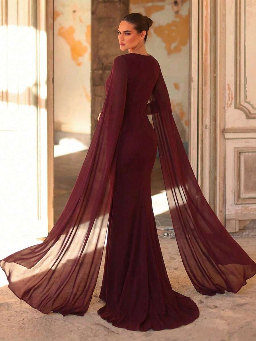SDE3243 Aureia Dark Red Sequin Chiffon Gown