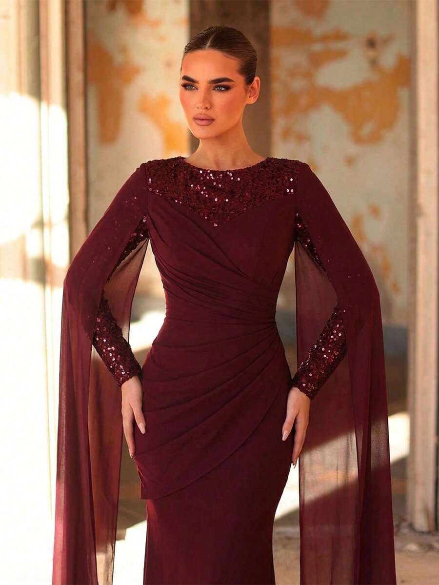 SDE3243 Aureia Dark Red Sequin Chiffon Gown