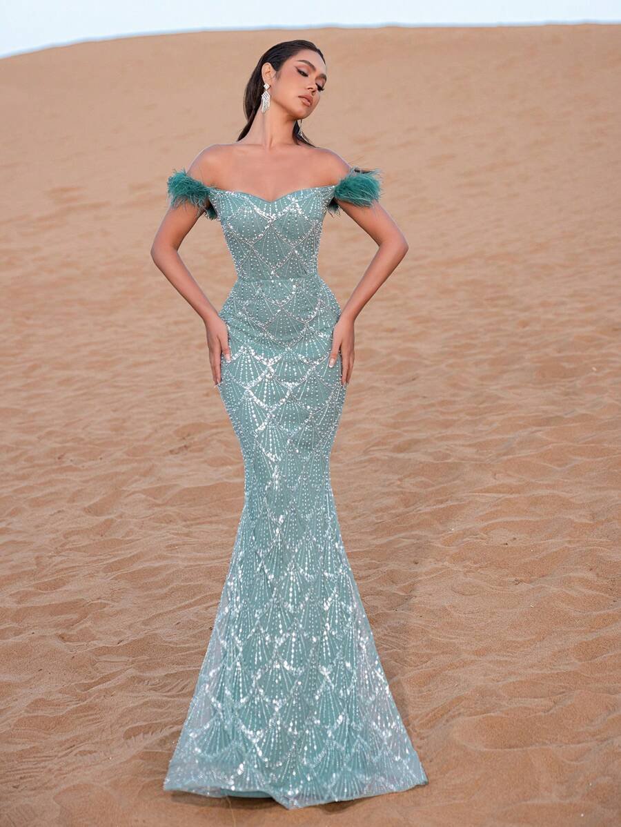 SD3219 Feather Accent Crystal Mermaid Gown - UK18(XXL), Cadet Blue image