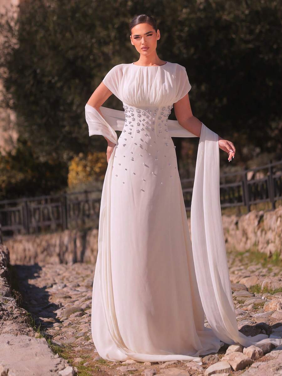 SDE3247 Elegant Apricot Chiffon Rhinestone Ruched A-Line Dress