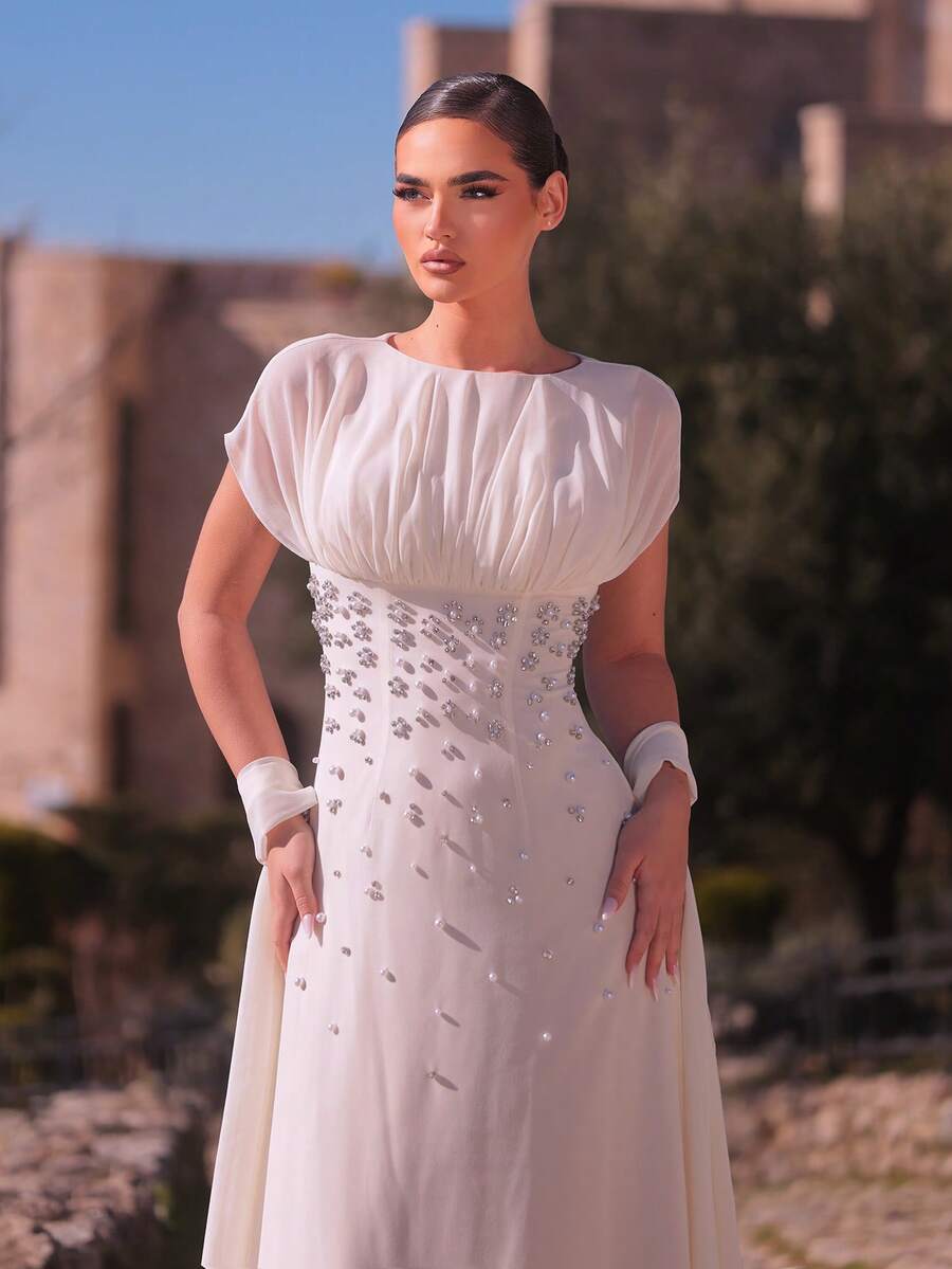SDE3247 Elegant Apricot Chiffon Rhinestone Ruched A-Line Dress