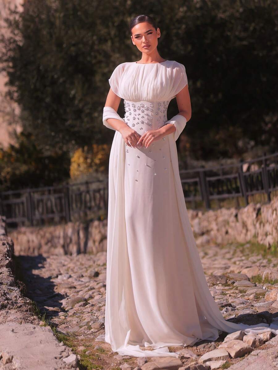 SDE3247 Elegant Apricot Chiffon Rhinestone Ruched A-Line Dress