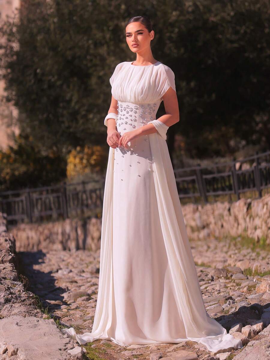 SDE3247 Elegant Apricot Chiffon Rhinestone Ruched A-Line Dress