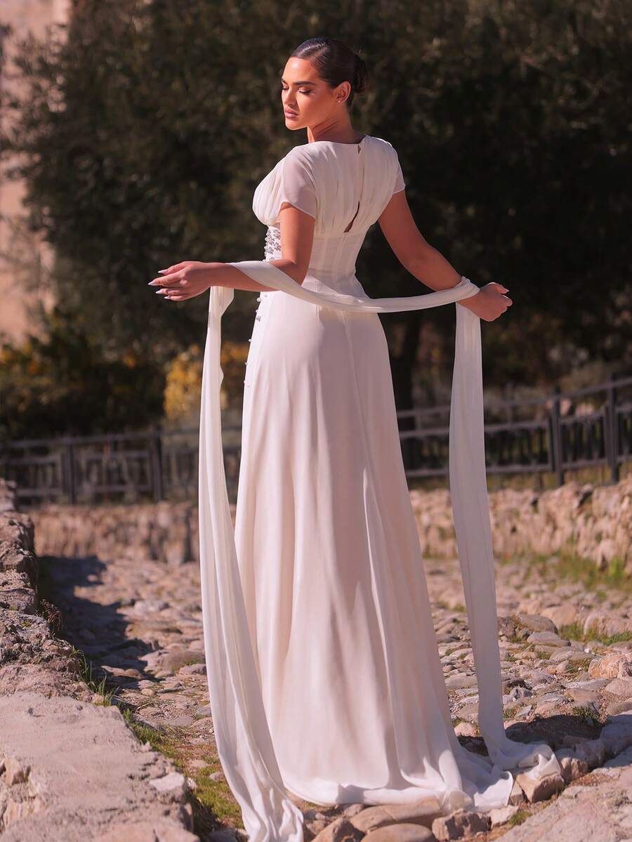 SDE3247 Elegant Apricot Chiffon Rhinestone Ruched A-Line Dress
