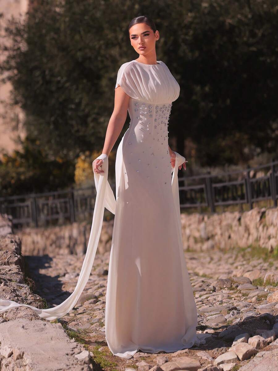 SDE3247 Elegant Apricot Chiffon Rhinestone Ruched A-Line Dress
