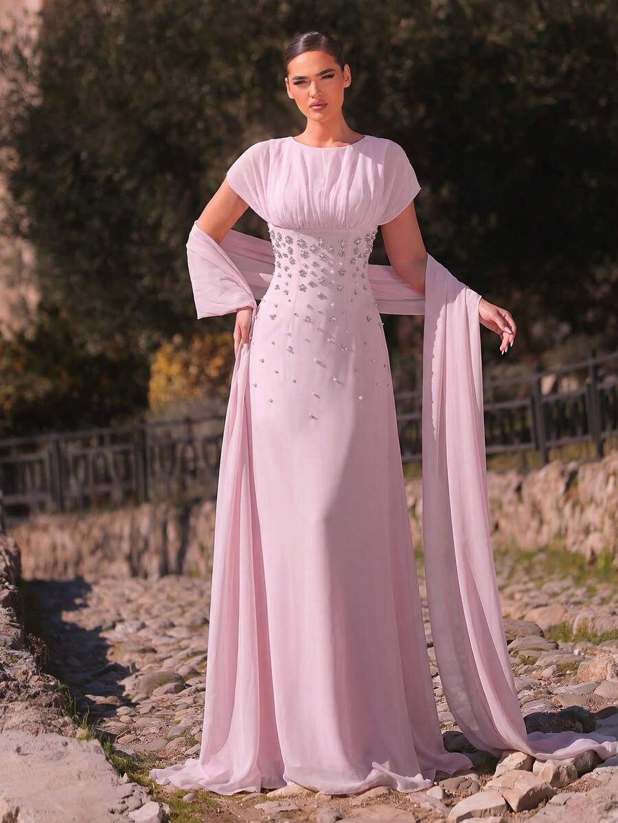 SDE3247 Elegant Apricot Chiffon Rhinestone Ruched A-Line Dress