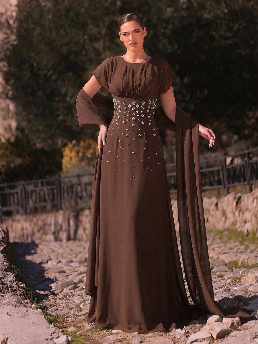 SDE3247 Elegant Apricot Chiffon Rhinestone Ruched A-Line Dress