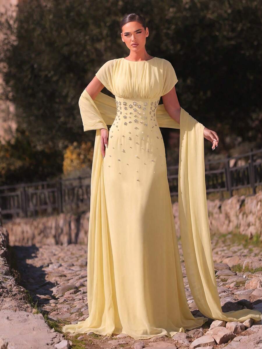SDE3247 Elegant Apricot Chiffon Rhinestone Ruched A-Line Dress