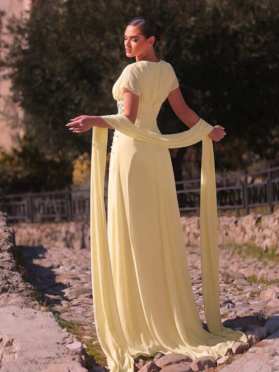SDE3247 Elegant Apricot Chiffon Rhinestone Ruched A-Line Dress