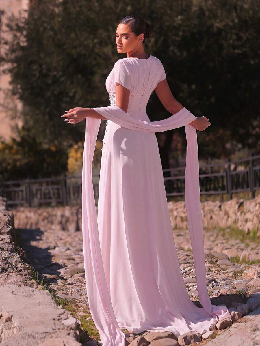 SDE3247 Elegant Apricot Chiffon Rhinestone Ruched A-Line Dress