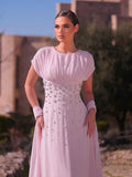 SDE3247 Elegant Apricot Chiffon Rhinestone Ruched A-Line Dress
