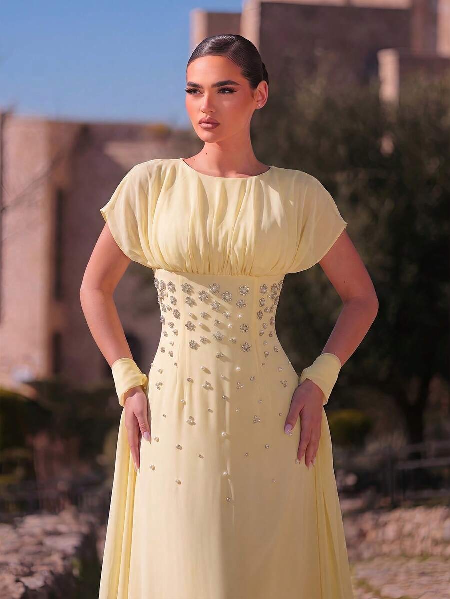 SDE3247 Elegant Apricot Chiffon Rhinestone Ruched A-Line Dress