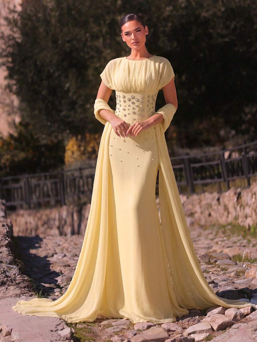 SDE3247 Elegant Apricot Chiffon Rhinestone Ruched A-Line Dress