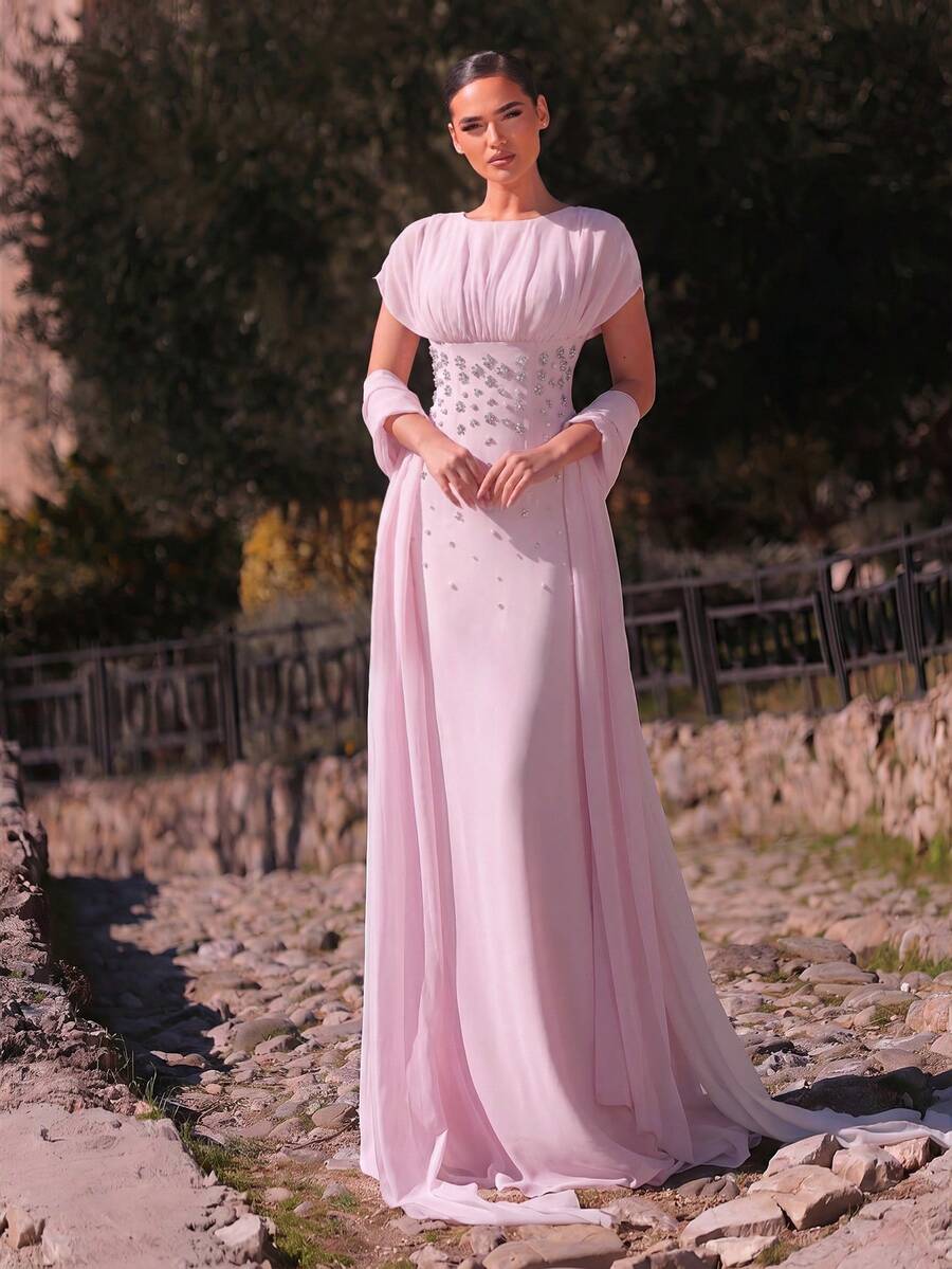 SDE3247 Elegant Apricot Chiffon Rhinestone Ruched A-Line Dress