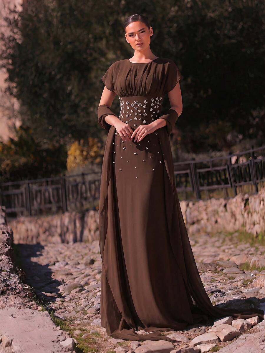 SDE3247 Elegant Apricot Chiffon Rhinestone Ruched A-Line Dress