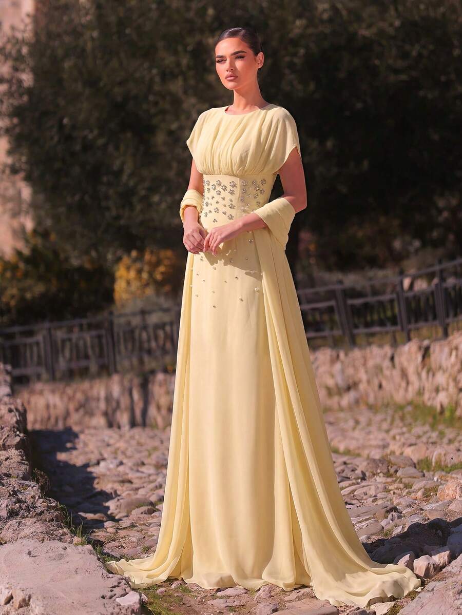 SDE3247 Elegant Apricot Chiffon Rhinestone Ruched A-Line Dress