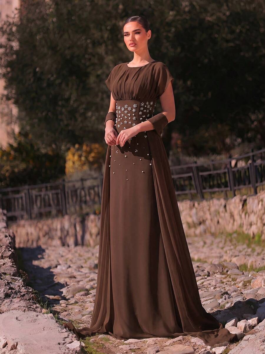 SDE3247 Elegant Apricot Chiffon Rhinestone Ruched A-Line Dress
