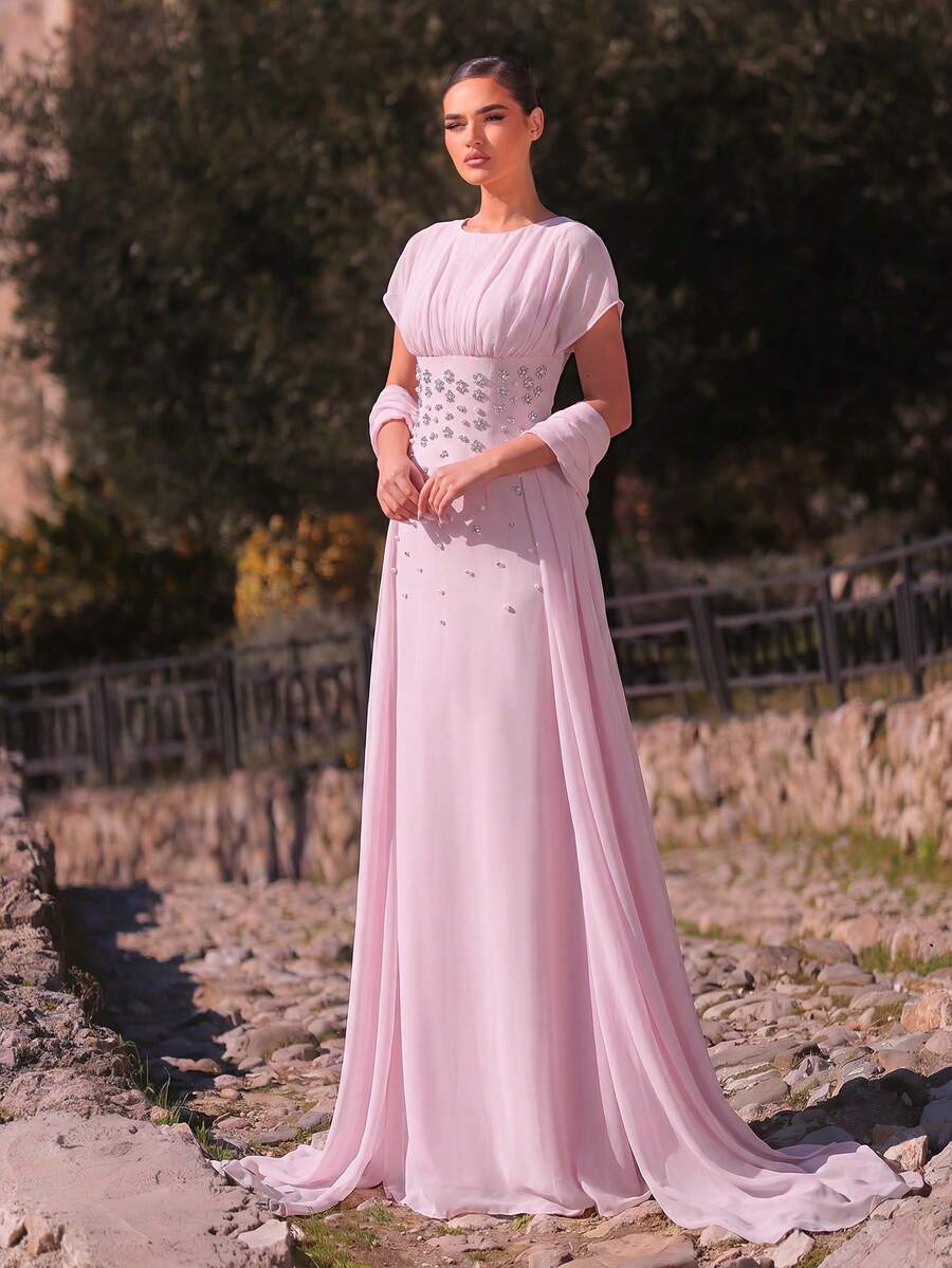 SDE3247 Elegant Apricot Chiffon Rhinestone Ruched A-Line Dress