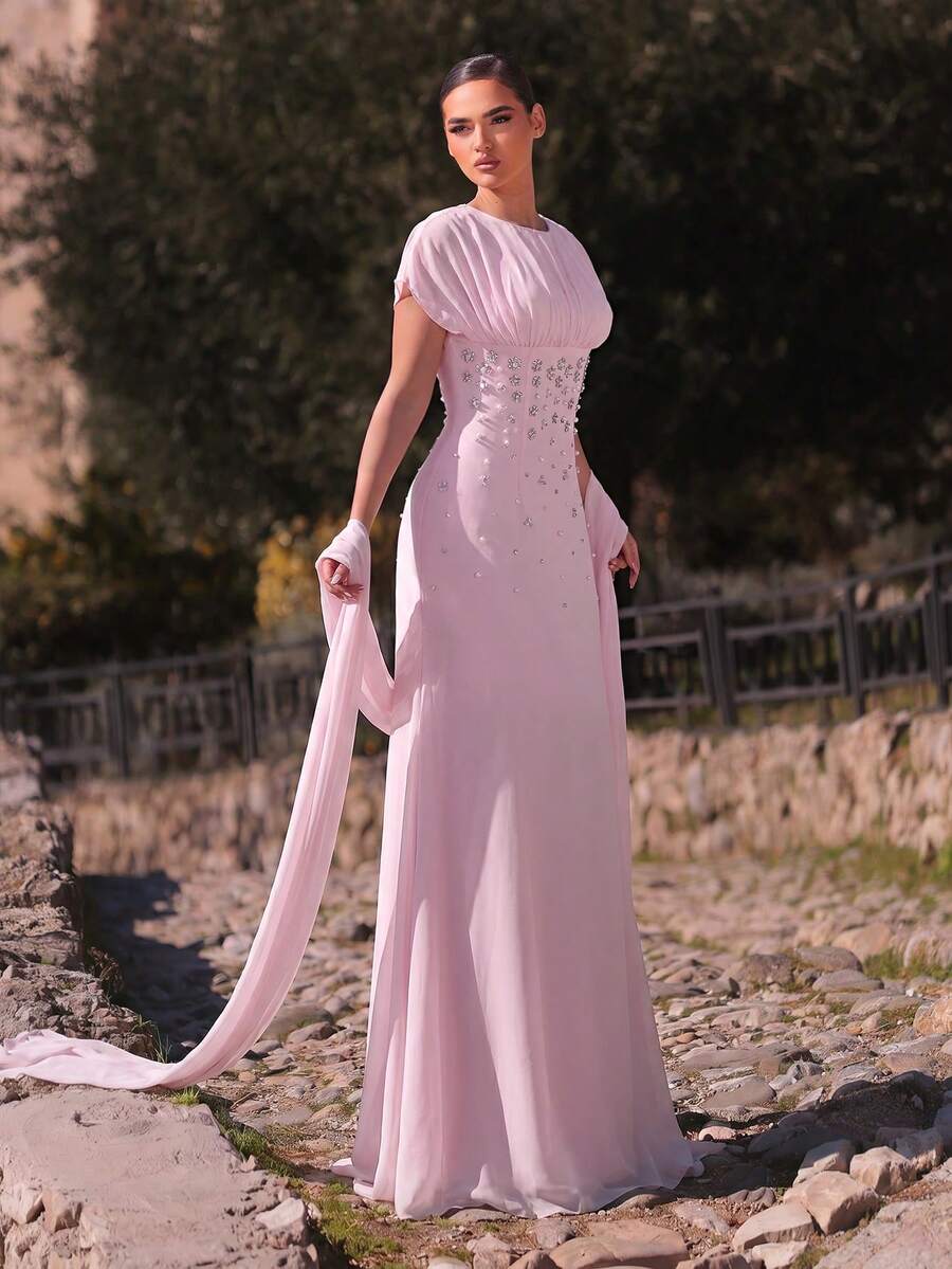 SDE3247 Elegant Apricot Chiffon Rhinestone Ruched A-Line Dress