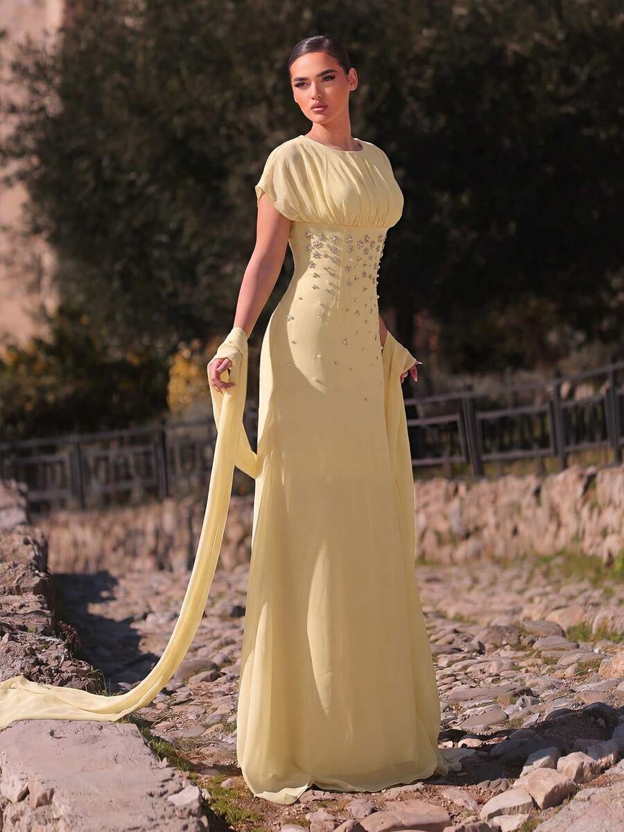 SDE3247 Elegant Apricot Chiffon Rhinestone Ruched A-Line Dress