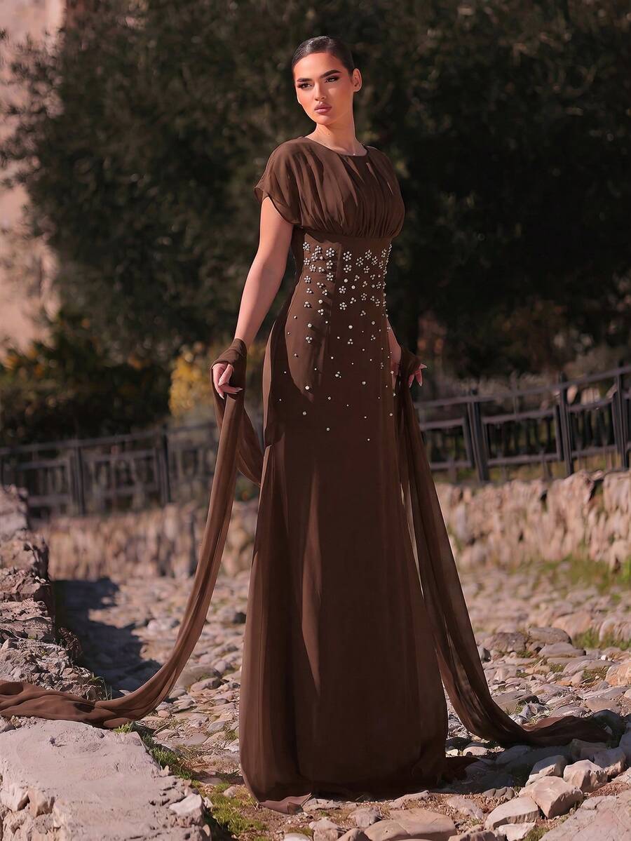 SDE3247 Elegant Apricot Chiffon Rhinestone Ruched A-Line Dress