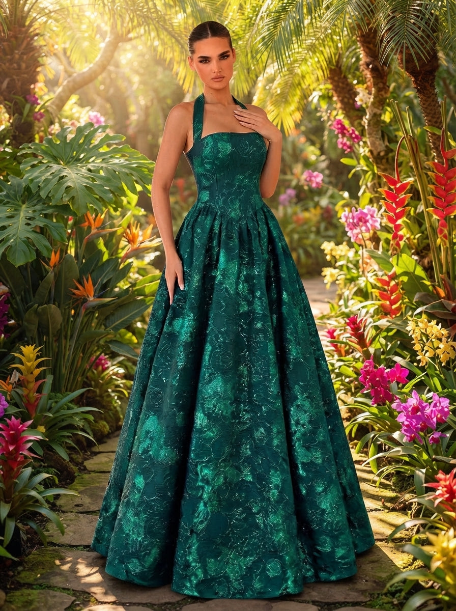 SDE3250 Elegant Burgundy Jacquard Halter Formal Evening Gown