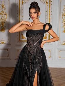 SD3274 3D Shaped Beaded Black High-Slit Gown - Black, UK14 image