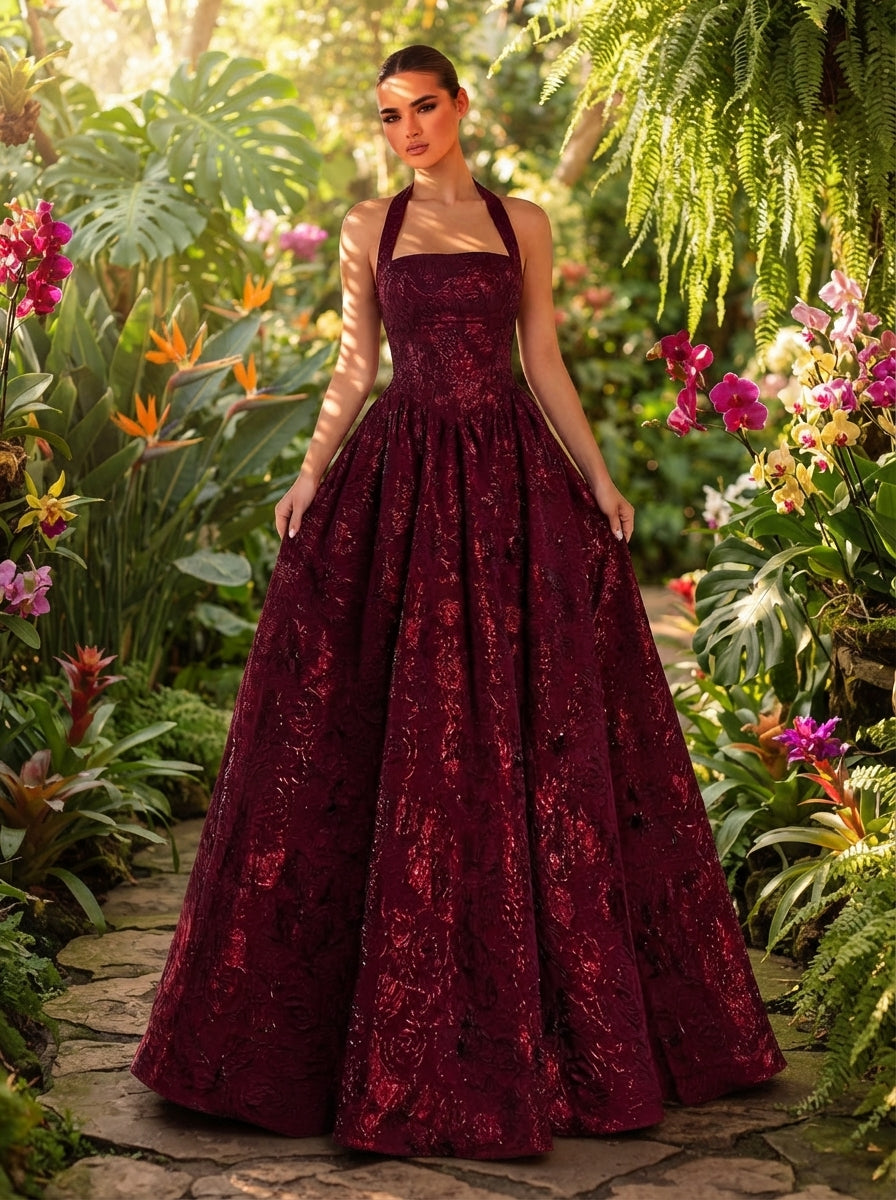 SDE3250 Elegant Burgundy Jacquard Halter Formal Evening Gown