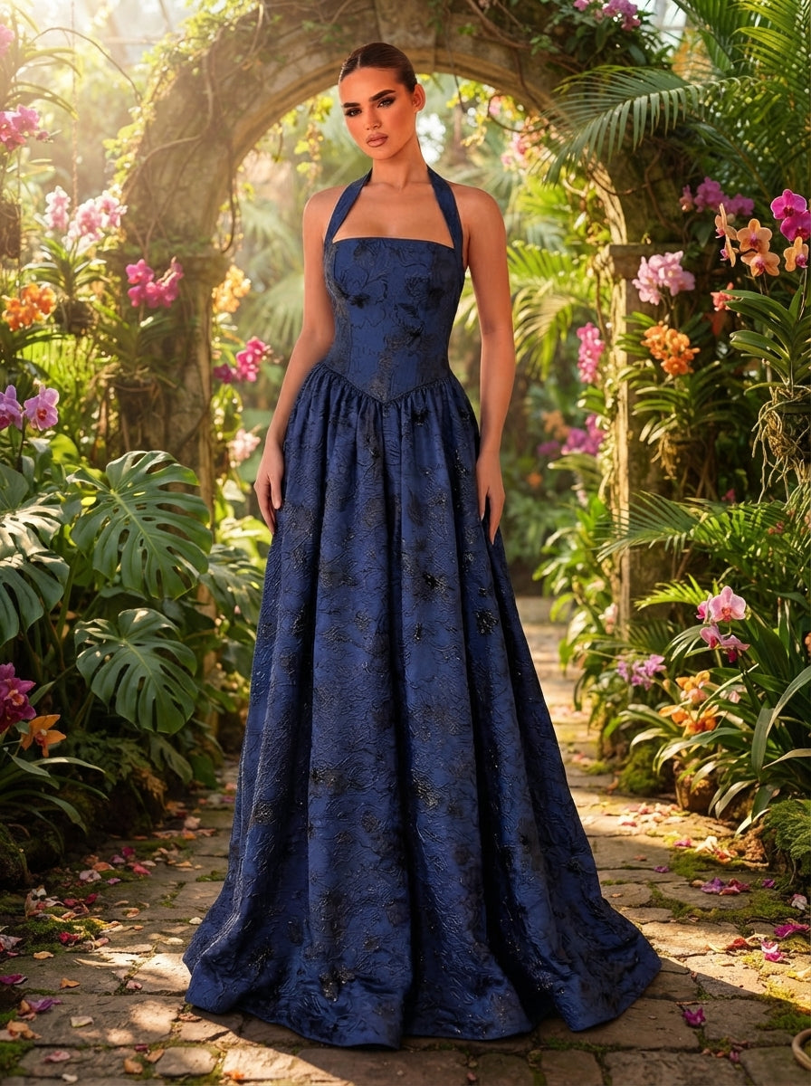 SDE3250 Elegant Burgundy Jacquard Halter Formal Evening Gown