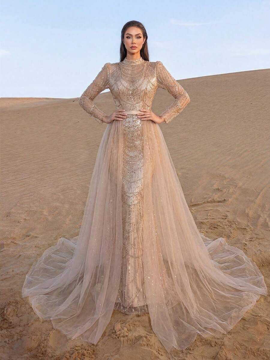 SD3223 Geometric Beaded Tulle A-Line Gown - 12/14 (L), champagne image