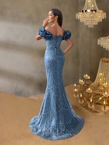 SD3221 Off-Shoulder Puff Sleeve Mermaid Gown - UK10(m), Dusty Blue image