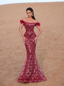 SD3219 Feather Accent Crystal Mermaid Gown - 12/14 (L), Burgundy image