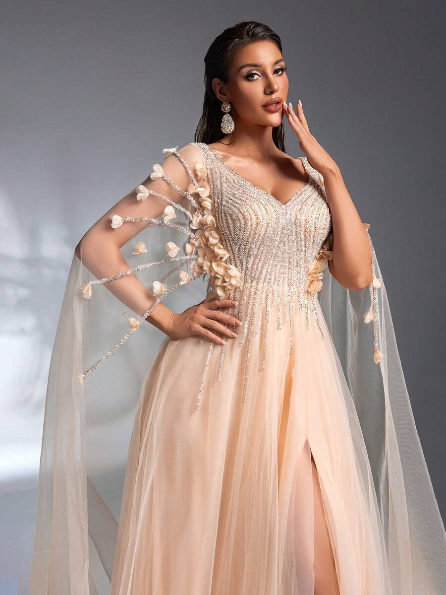 SD3208 Cloak Sleeve 3D Floral Mesh Gown