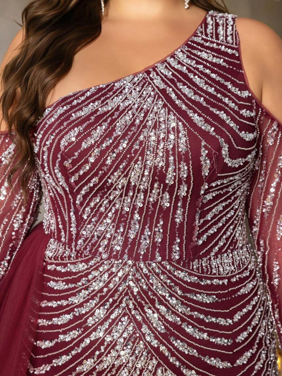 SD3255 One-Shoulder Striped Sequin Mermaid Gown