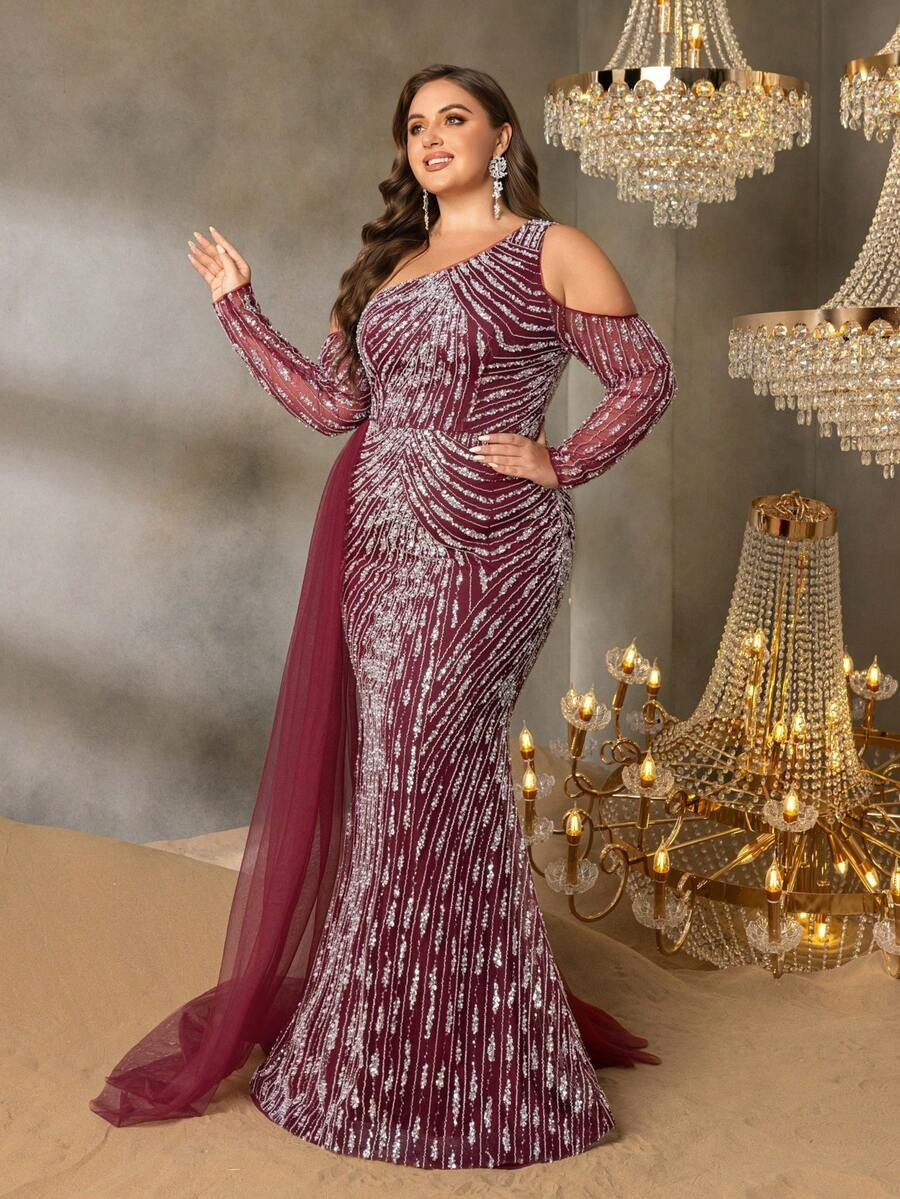 SD3255 One-Shoulder Striped Sequin Mermaid Gown