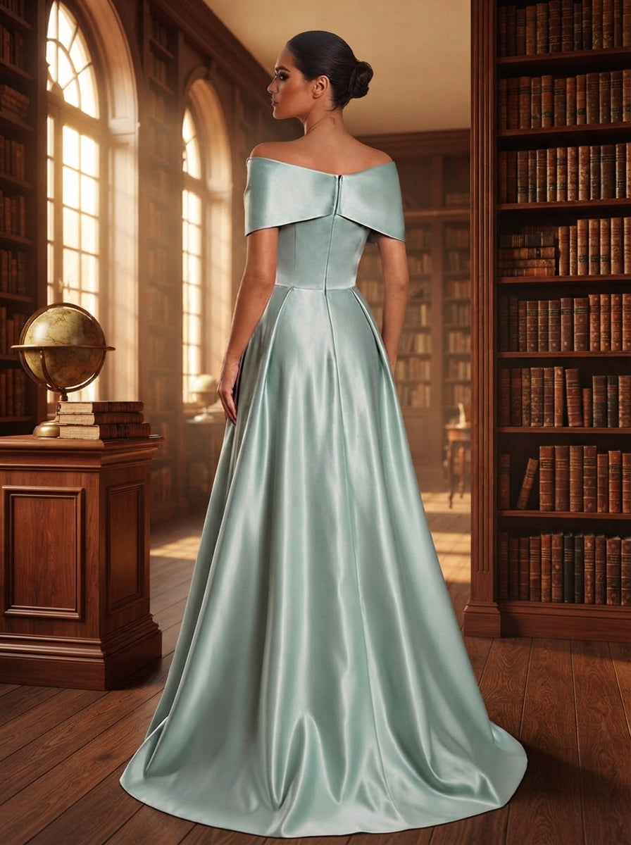 SDE3258 Light Gray-Green Satin Rhinestone Asymmetric Evening Gown