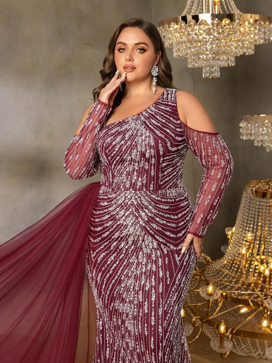 SD3255 One-Shoulder Striped Sequin Mermaid Gown