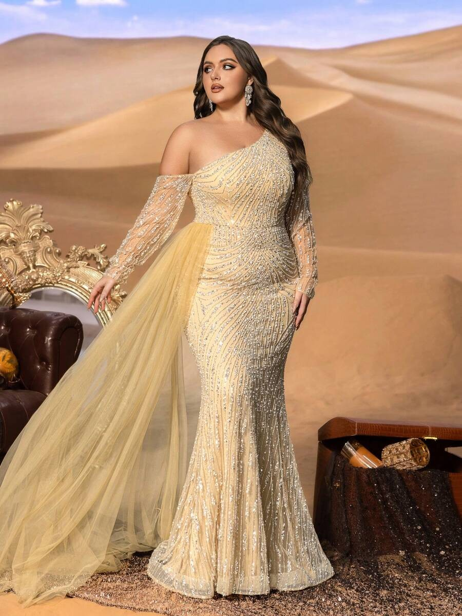 SD3255 One-Shoulder Striped Sequin Mermaid Gown