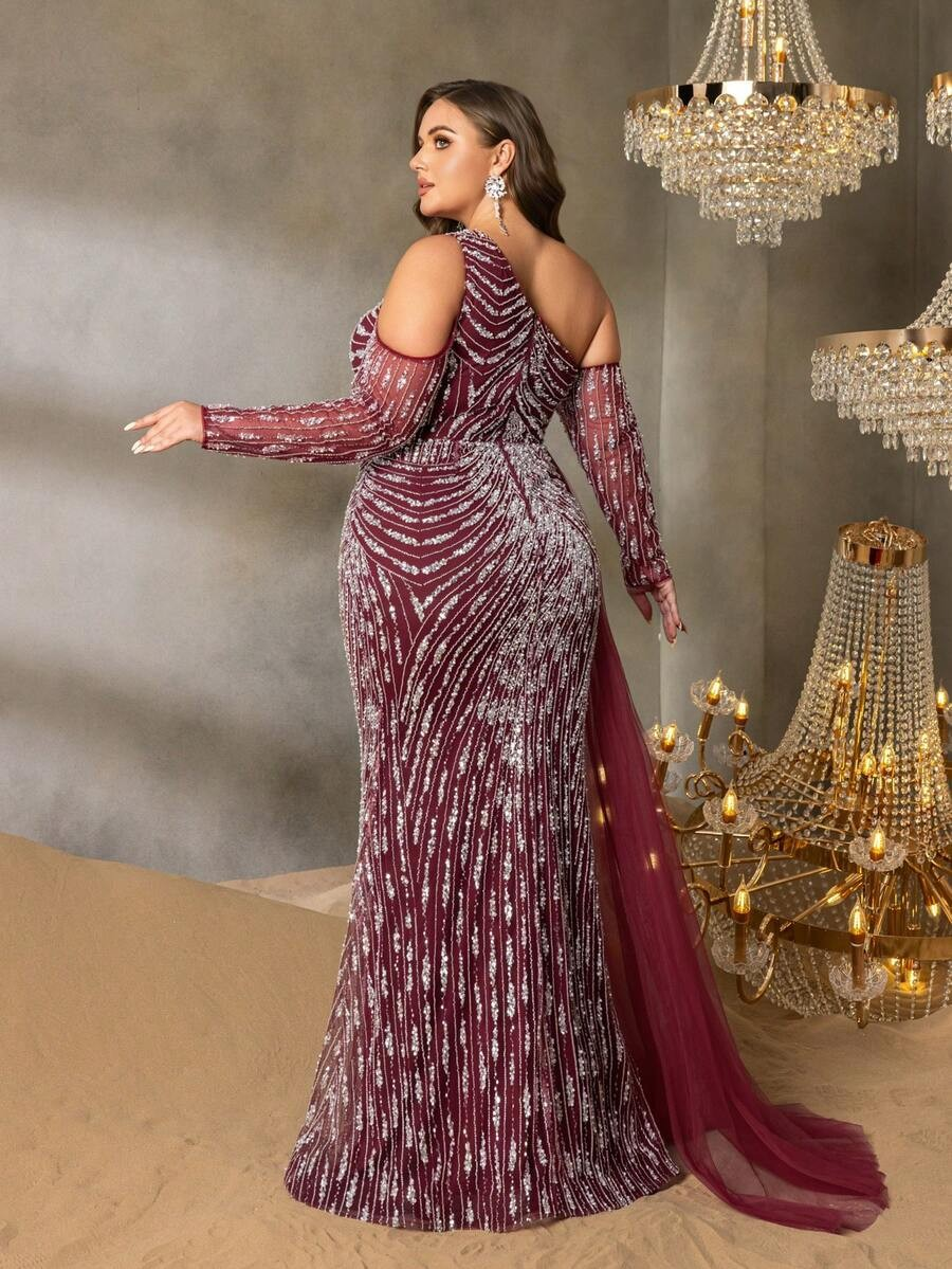 SD3255 One-Shoulder Striped Sequin Mermaid Gown